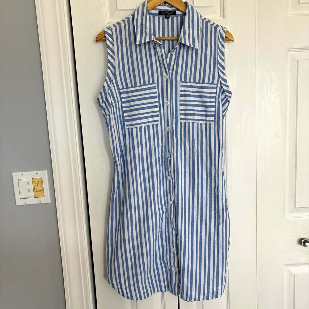 Velvet Heart Womens M Blue White Striped Sleeveless Button Front Shirt Dress